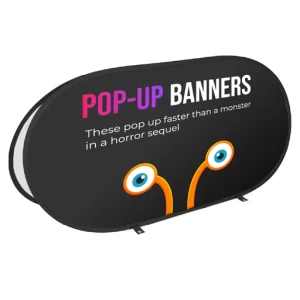 A pop-up banner on a white background. Printed by Brand Monster