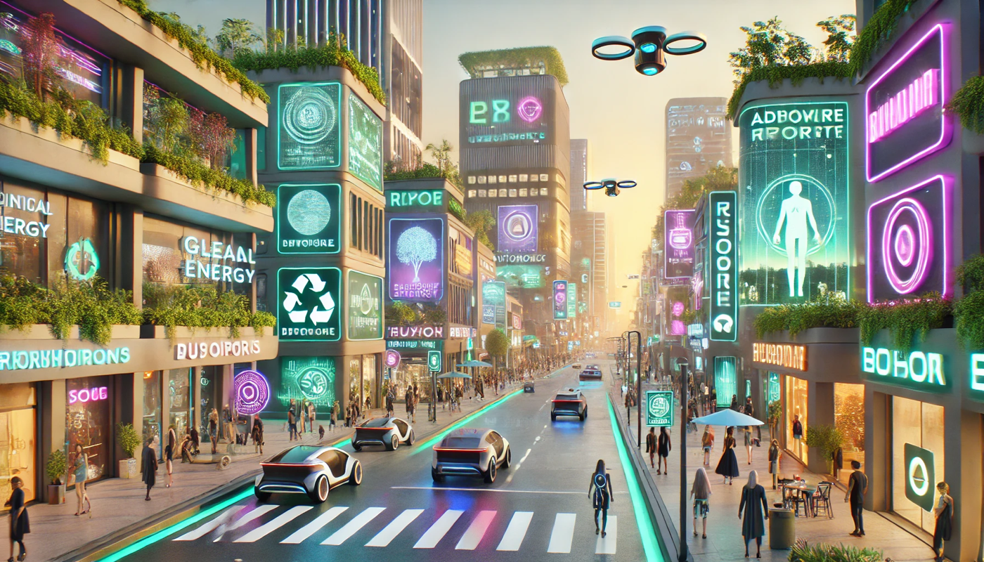 A busy futuristic urban street with cars, drones and people walking amongst neon lights.