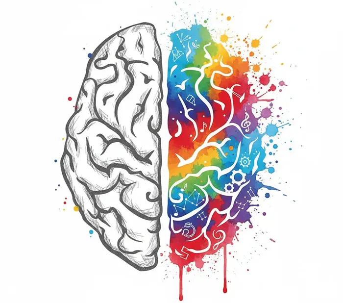 An illustration of a human brain with one side in grayscale and the other in various colours, depicting creativity and activity